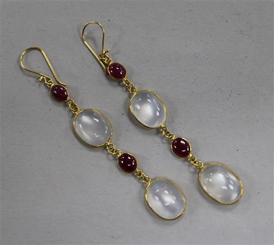 A pair of 14ct gold, ruby and moonstone drop earrings, 52mm.